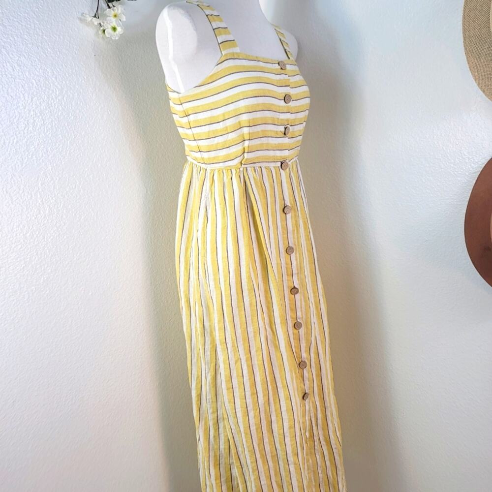 RACHEL ZOE Yellow Ivory Striped Linen Button Front Midi Dress Breezy Summer - Picture 8 of 14